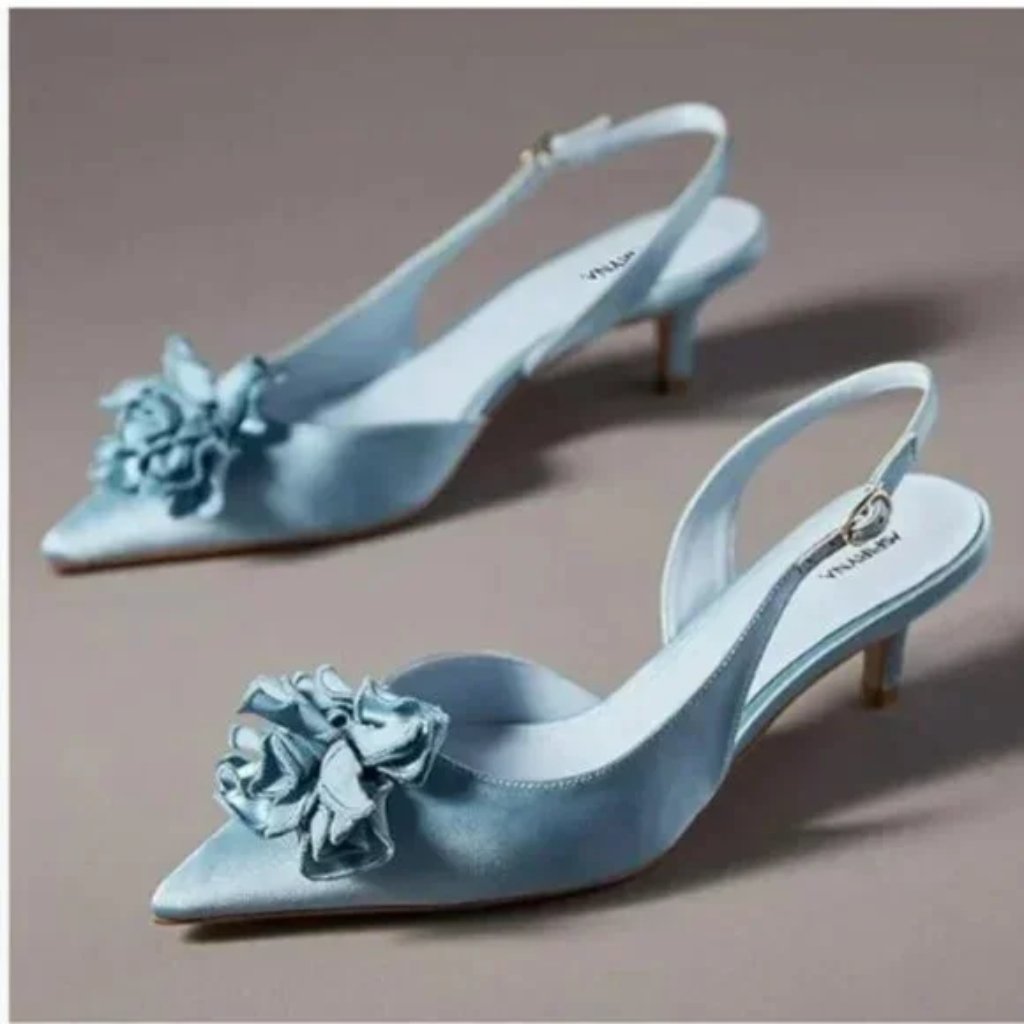 Light Blue Flower Decor Pointed Toe Satin Slingback Slip On Kitten Heel Pump